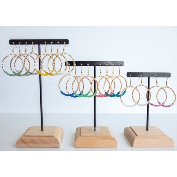 Red Jade Pink Sparkly Gold Beaded Earring Gemstone dangle hoops vacation jewelry - Picture 10 of 10